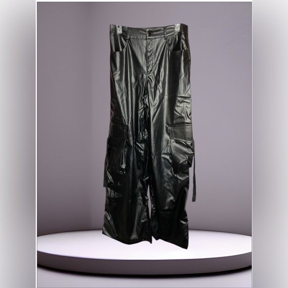 Pants - Faux Leather Wide Leg Cargo Pants